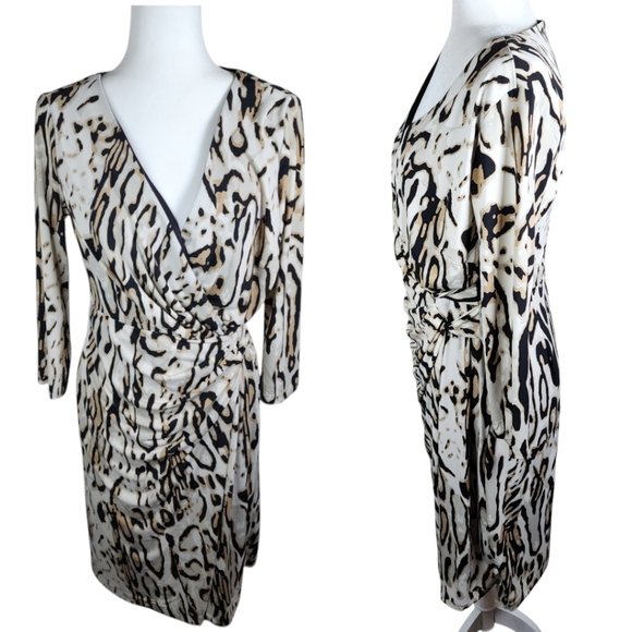 Carmen Marc Valvo Dresses & Skirts - Carmen Marc Valvo Animal Print Faux Wrap Knee-Length Dress 3/4 Sleeve Size 10